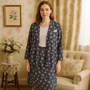 Vtg Moon Dance Womens 2 piece set Floral Print Dress & Blazer Size 16 Cottage